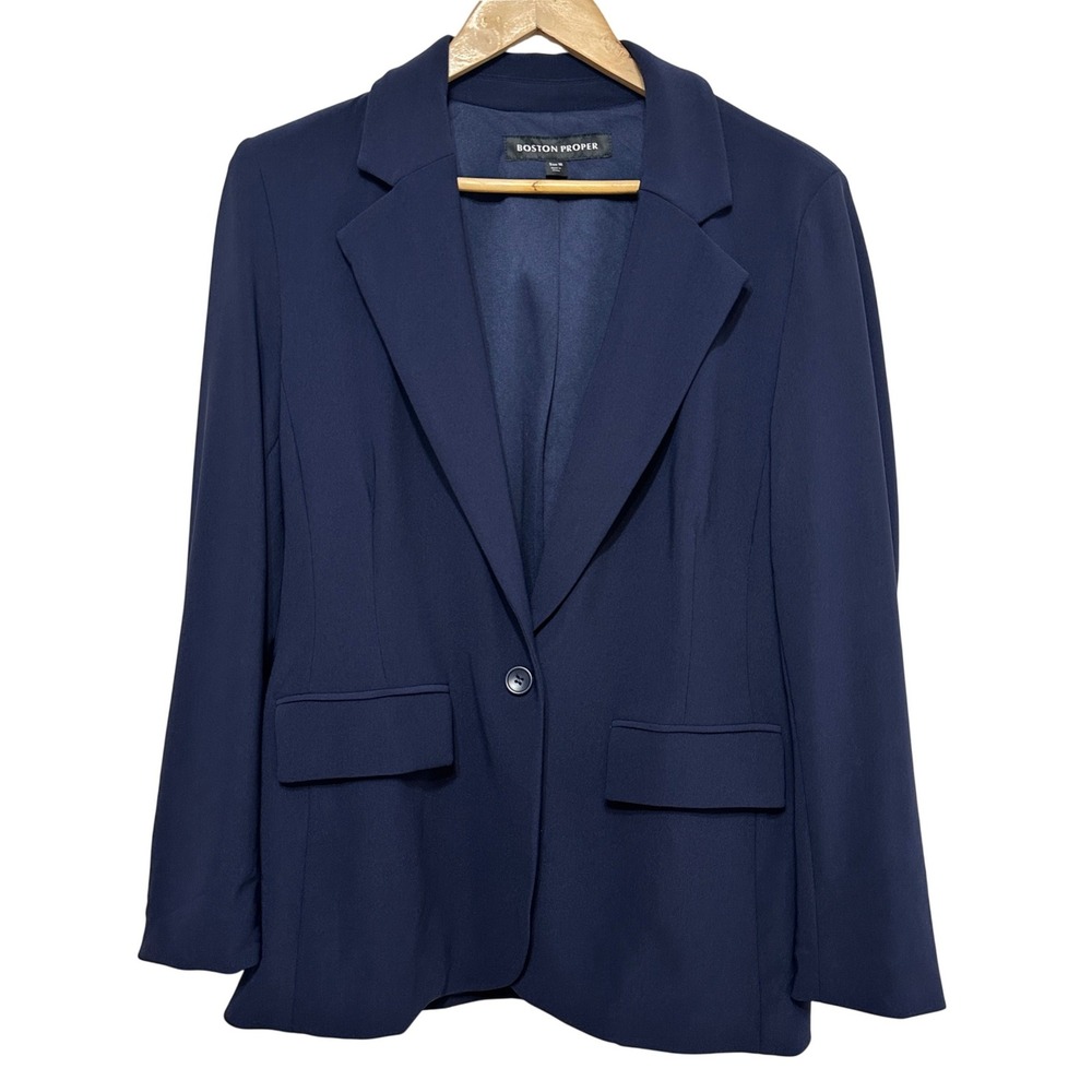 Boston Proper Relaxed Single Button Blazer Size 16 Navy Blue Office Professional